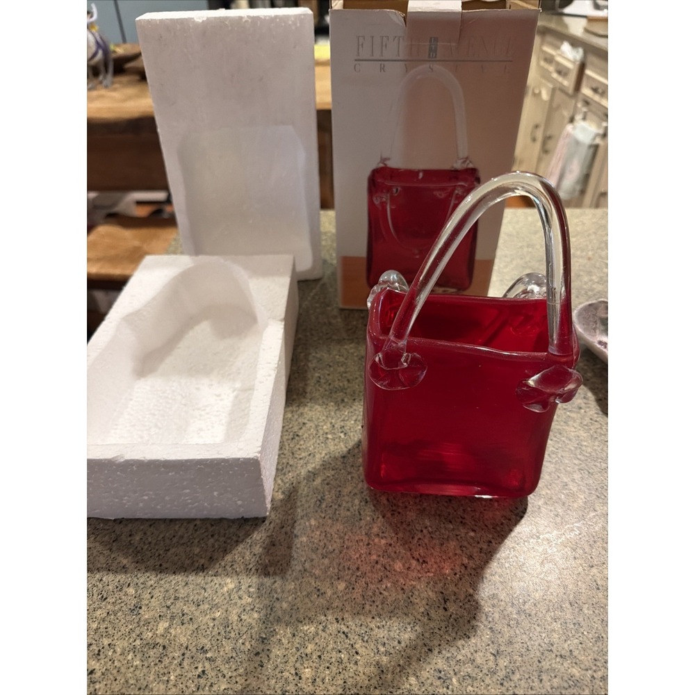 Rare Find! Art Glass Purse Vase by Fifth Avenue Crystal Red & Clear Glass In Box